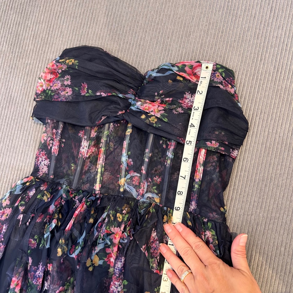 Dressalisa Maxi‎ Gown Womens S Navy Gently Used Floral Corset Tiered Ruffle Mesh - Picture 12 of 16